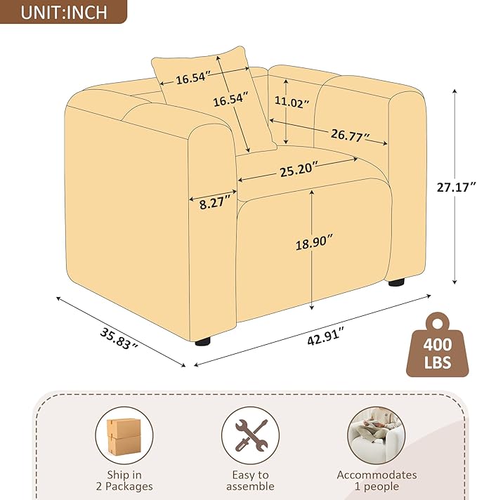 VANOMi 42" Width Accent Chair for Living Room, Modern Lounge Chair with Pillow, Comfy Upholstered Boucle Single Sofa Chair for Living Room (White)