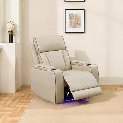 Caberryne Power Recliner Chair with LED Lights,Leather Reclining Couch with Storage Console/Arm Cup Holder for House/Home Theater/Small Space/Rv(Single Chair,Paddy)