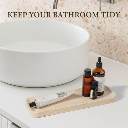 Koville Travertine Tray for Bathroom Sink, 12"x4" Natural Stone Vanity Tray for Kitchen Dresser Countertop, Rectangular Decorative Marble Tray for Jewelry Perfume Trinket(Beige)