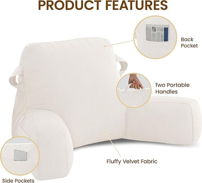 Unisakey Portable Comfy Reading Pillows for Bed Sitting Up(Beige Oeko-Tex), Velvet Back Pillow with Arms & Pockets for Adults, Support Memory Foam Bed Pillow for Dorm/Reading/Watching/Gaming