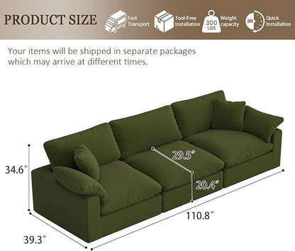 Forest aesthetics Modular Cloud Sofa,Convertible 3-Seater Set,Extra Deep Seat Down Filled Seat,Washable & Replaceable Cushion Covers for Living Room,Apartment,Green