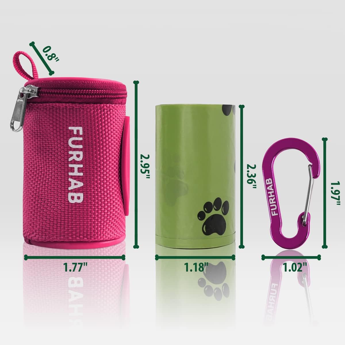 Dog Poop Bag Holder for Leash Doggie Waste Bag Dispenser Soft Fabric Puppy Potty Carrier Small Doggy Zipper Pouch with Carabiner Clip 1680D Nylon Oxford with 1 Roll of Pet Trash Bags, Rose Red