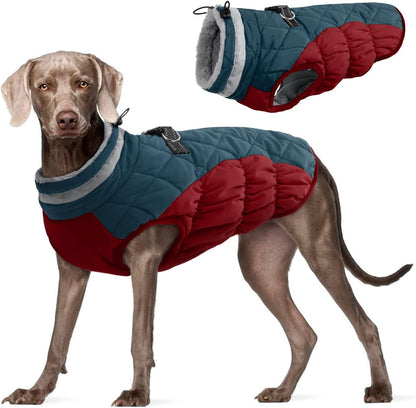 FUAMEY Dog Coat for Large Dogs,Waterproof Dog Winter Jacket with Harness Built in Puppy Cold Weather Coats Reflective Pet Vest with Zipper Warm Fleece Dogs Snowsuit Windproof Dark Blue XXXL