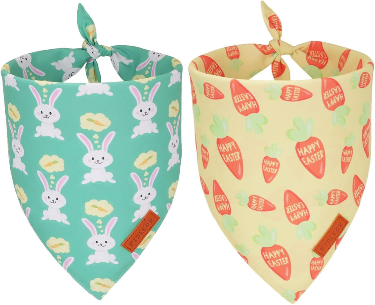 PTDECOR Easter Dog Bandana, Green and Yellow Rabbit Carrot Reversible Holiday Dog Scarf, Multi Size, Triangle Pet Easter Bandanas for Small Dogs Pets (Small)