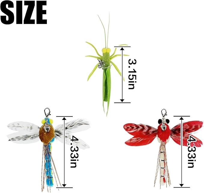 TTcat Cat Feather Toys, 3 Pcs Simulation Insects Dragonfly Grasshopper Refills, Cat Toys Replacement Feathers for Cat Kitten Wand