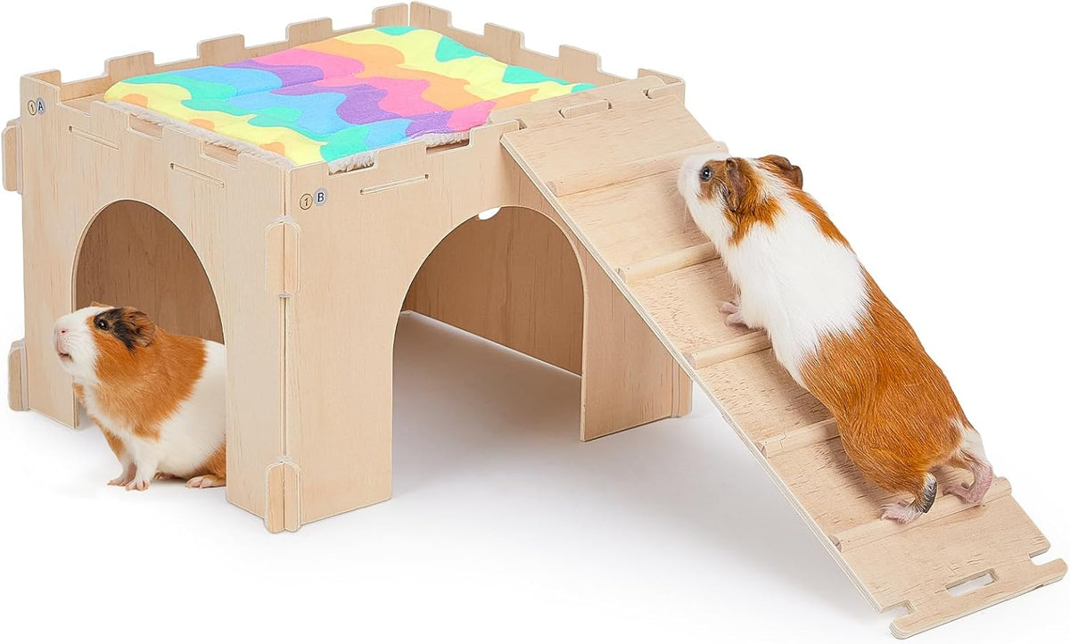 Guinea Pig Hideout, Guinea Pigs House with Stairs and Mats Extra Large Guinea Piggy Castle Detachable Hideouts for Small Animals Wooden Guinea Pig Habitats with Multiple Doors and Windows