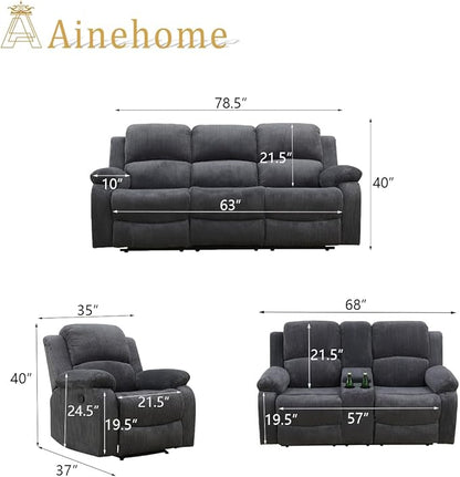 A Ainehome Living Room Furniture Set Recliner Sofa Set Loveseat Chair Furniture Sofa Set Grey Corduroy for Living Room/Rv/House/Theater Seating (A-Dark Grey Corduroy, 3 Piece Set)