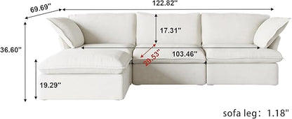WJShome 165.2" Cloud Modular Sectional Sofa, Modern Comfy Couch Filled with Down, Minimalist Wide Deep Seat Couches for Living Room Apartment Lounge Bedroom (White, 3 Seater+1 Ottoman)