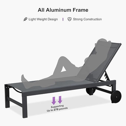 PURPLE LEAF Patio Lounge Chair Set for 2 Outdoor Chaise Lounge with Adjustable Backrest and Easy-to-Move Wheels Aluminum Reclining Lounge Chair for Outside Yard Pool Side Table Included, Charcoal Grey