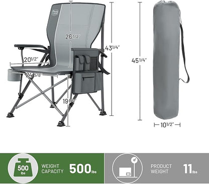 TIMBER RIDGE Oversized Folding Camping Chair with Lumbar Support Adjustable High Back Heavy Duty for Adults Support up to 500lbs with Cup Holder, Cooler Bag, Side Pocket, Grey 2 Pack