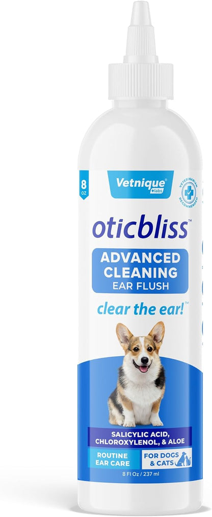 Vetnique Oticbliss Cat & Dog Ear Cleaners: Medicated Dog Ear Drops for Infection, Antiseptic Flush, & Wipes to Reduce Itchy Ears & Head Shaking - Vet Recommended for Itchy Ears (8oz, Flush)