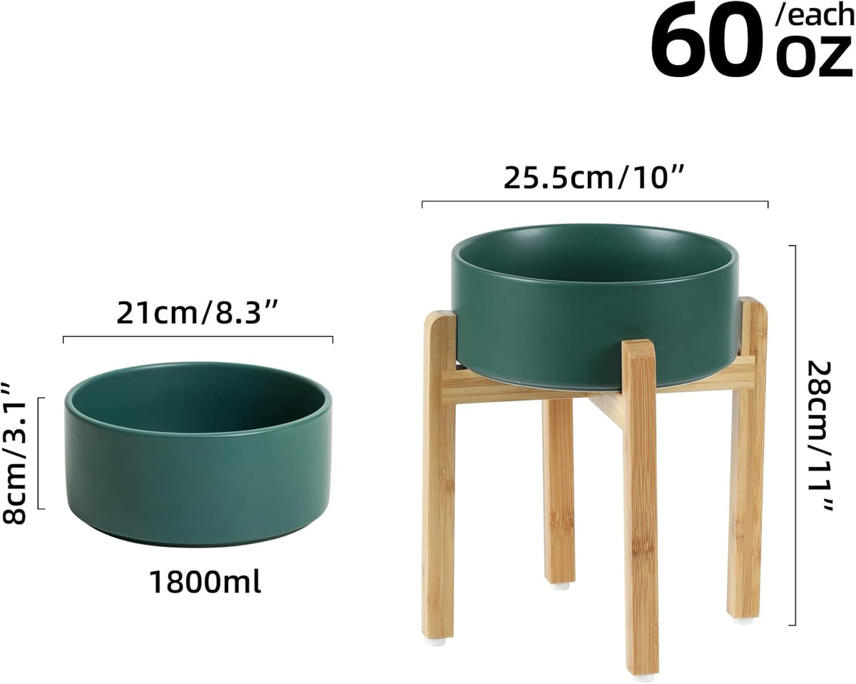 Ceramic Raised Dog Bowl Set, Elevated Dog Bowl with Stand, Food and Water Bowl for Large Breed Dogs, Weighted Dog Dishes, Pet Bowl(8.2'',60OZ, Green)