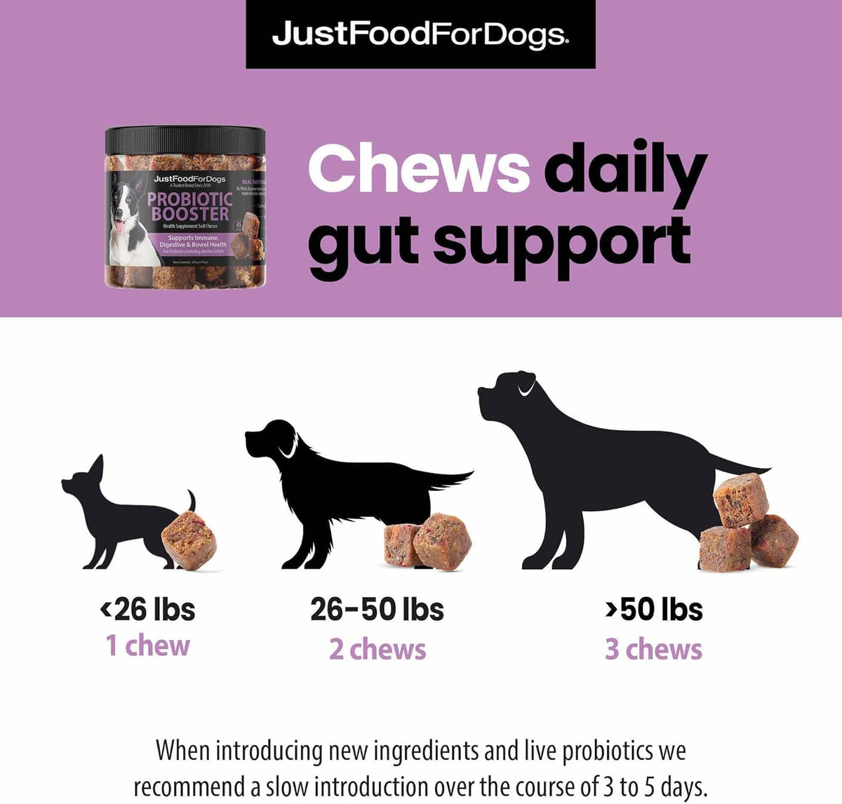 JustFoodForDogs Probiotic Booster Gut Health Soft Chews Supplement for Dogs, Digestive Health Support, Diarrhea, Human Grade Ingredients - 45 Count