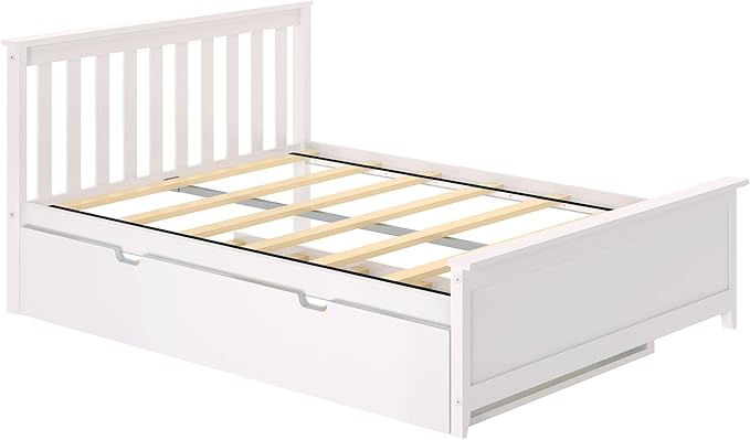 Max & Lily Full Bed, Wood Bed Frame with Headboard For Kids with Trundle, Slatted, White