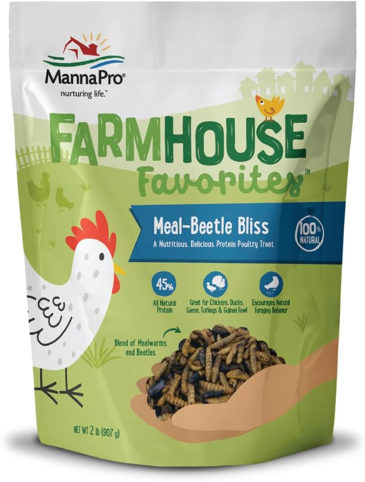 Manna Pro Farmhouse Favorites Beetle Bliss Poultry Treat – Blend of Mealworms and Beetles – All Natural Treat for Chickens, Ducks, Geese, Turkeys, & Guinea Fowl – 45% Protein – 2lb Bag