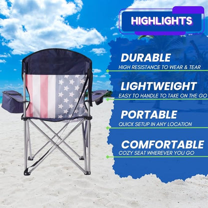 EZONE 2-Pack Camping Chairs with Built-in Ice Cooler, Portable Chair, Storage Pocket, Cup Holder, and Carry Bag Perfect for Camping, Tailgating, Fishing, Beach, and Lawn (2, Flag)