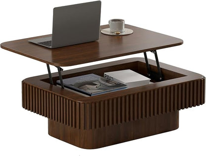 SZTHHDF Lift Top Coffee Table for Living Room,Rectangle Handmade Solid Wood Strips, Fluted Coffee Table with Hidden Storage Compartment Small Space Office Apartment (38.6" L×26.8''W×13.8''H-Walnut)