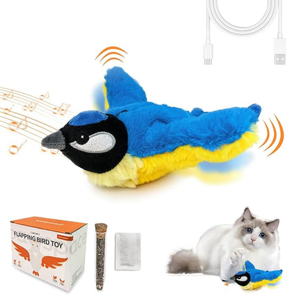 Interactive Flapping Bird Cat Toy with Catnip, Touch Activated Rechargeable, Musical Sound (can Turn Off), Satisfy Cat's Natural Huting Instinct, Soft Plush Washable Cover (Blue)