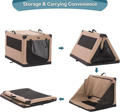 PETSFIT 26" Soft Portable Dog Crate – Patented Spiral Sturdy Frame, Collapsible Travel Kennel for Small Dogs, 3 Mesh Door, Lockable Zippers, Indoor & Car Use Khaki