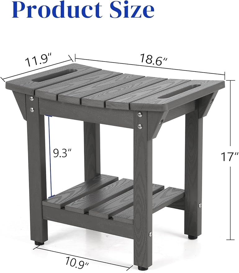 Waterproof Shower Bench, Poly Lumber Shower Stool for Shaving Legs, Shower Chair Seat with Storage Shelf and Handles, Bathroom Bench for Inside Shower, Non-Slip (Grey)