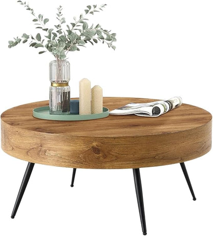 LKTART Coffee Table for Living Room, Round Wood Coffee Tables with Storage, Modern Metal Accent Center Tea Table for Apartment Small Space (31Inch-Brown)