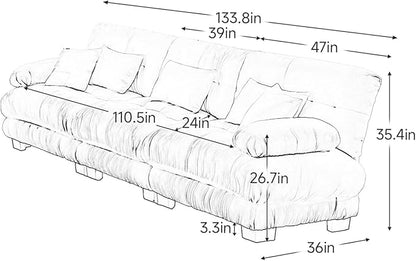 133.8" Oversized Couch, 3 Seater Modular Sectional Sofa, Blue Large Sectional Couches for Living Room, Fluffy Chenille Fabric Cloud Couch with 5 Pillows, Deep Seat Sofas