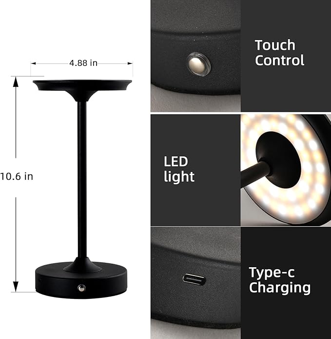 2 Pack Rechargeable Table Lamp, LED Cordless Table Lamp, 5000mAh Battery Operated Portable Table Light,Dimming for Restaurant/Patio/Outdoor(Black)