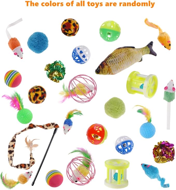 QBSM Cat Christmas Plaid Pet Paw Stockings with 26 Pcs Cat Toys for Cats and Kitten