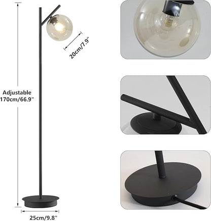 Vintage Floor Lamp for Living Room Mid Century Black Floor Freestanding Lamp Farmhouses Cognac Glass Globe Standing Tall Pole Lamp for Study Room Hotel Bedroom