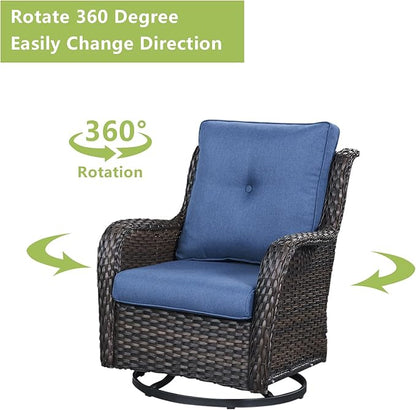 Rilyson Wicker Patio Furniture Set - 5 Piece Rattan Outdoor Sectional Conversation Sets with 2 Rocking Swivel Chairs,2 Ottomans and 1 Loveseat for Porch Deck Garden(Brown/Blue)