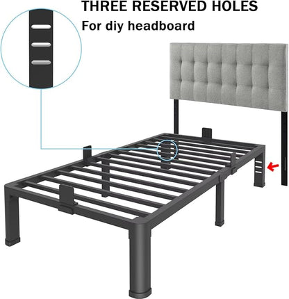 FUIOBYVV 16 Inch Twin XL Bed Frame with Rounded Corner and Headboard Hole Mattress Retainers 3500 LBS Metal Heavy Duty Steel Slats Support No Box Spring Needed Platform Noise Free Easy Assembly