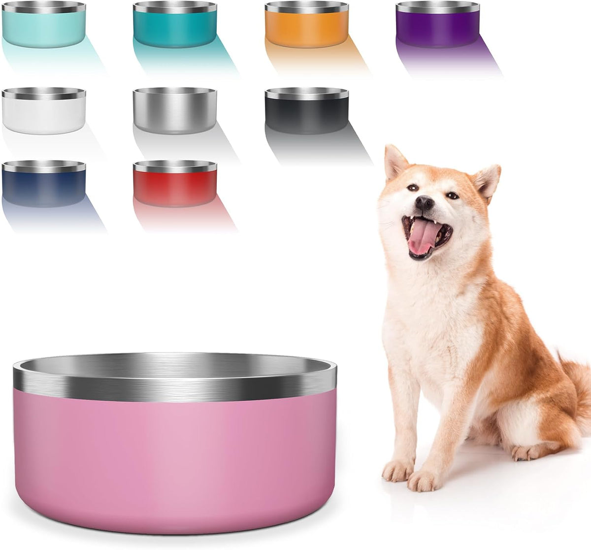 Dog Bowl, Stainless Steel Dog Food and Water Bowl with Non Slip Quiet Bottom, Easy to Clean, Dishwasher Safe, 64oz, Pink