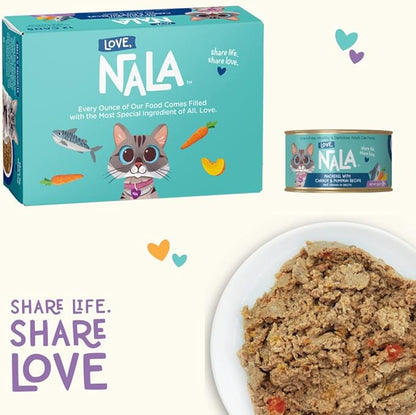 LOVE, NALA - Natural Adult Cat Wet Food - Pate Mackerel with Carrot & Pumpkin Recipe- Grain Free, Non-GMO, Lean Protein, Omega 3, Digestive Fiber Blend, Added Minerals & Vitamins - 12 Pack 2.4 lbs.
