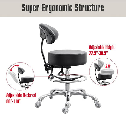 Grace&Grace Drafting Chair Big Cushion Rolling Stool with Back, Tall Shop StoolRolling Chair with Footrest for Studio, Workshop, Classroom, Lab, Counter, Home Office (Black)