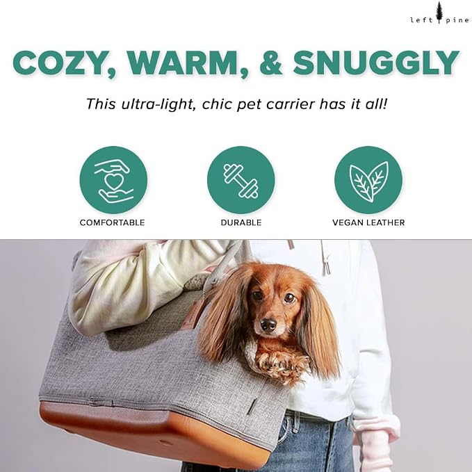 LeftPine x P.L.A.Y. Deluxe Dog Carrier Purse - Soft Sided Pet Travel Tote for Small Dogs & Puppies up to 16 Pounds - Built-in Safety Leash, Machine Washable, Removable Liner, Zipper Pocket (Charcoal)