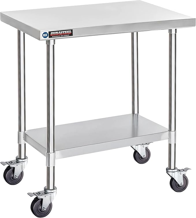 DuraSteel 30x36 NSF Stainless Steel Cart Work Table - Heavy Duty Rolling Food Prep Table Countertop Island - Metal Utility Cart on Wheels Caster, Grill Stand Storage Outdoor Kitchen Tables Bar Top