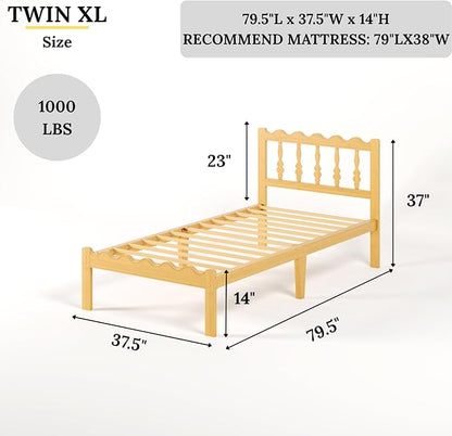 Bamboo Twin XL Bed Frame with Headboard, 14 inch Solid Wood Platform Bed Frames Twin XL Size with Metal Slats, No Box Spring Needed, Easy Assembly, Noise Free