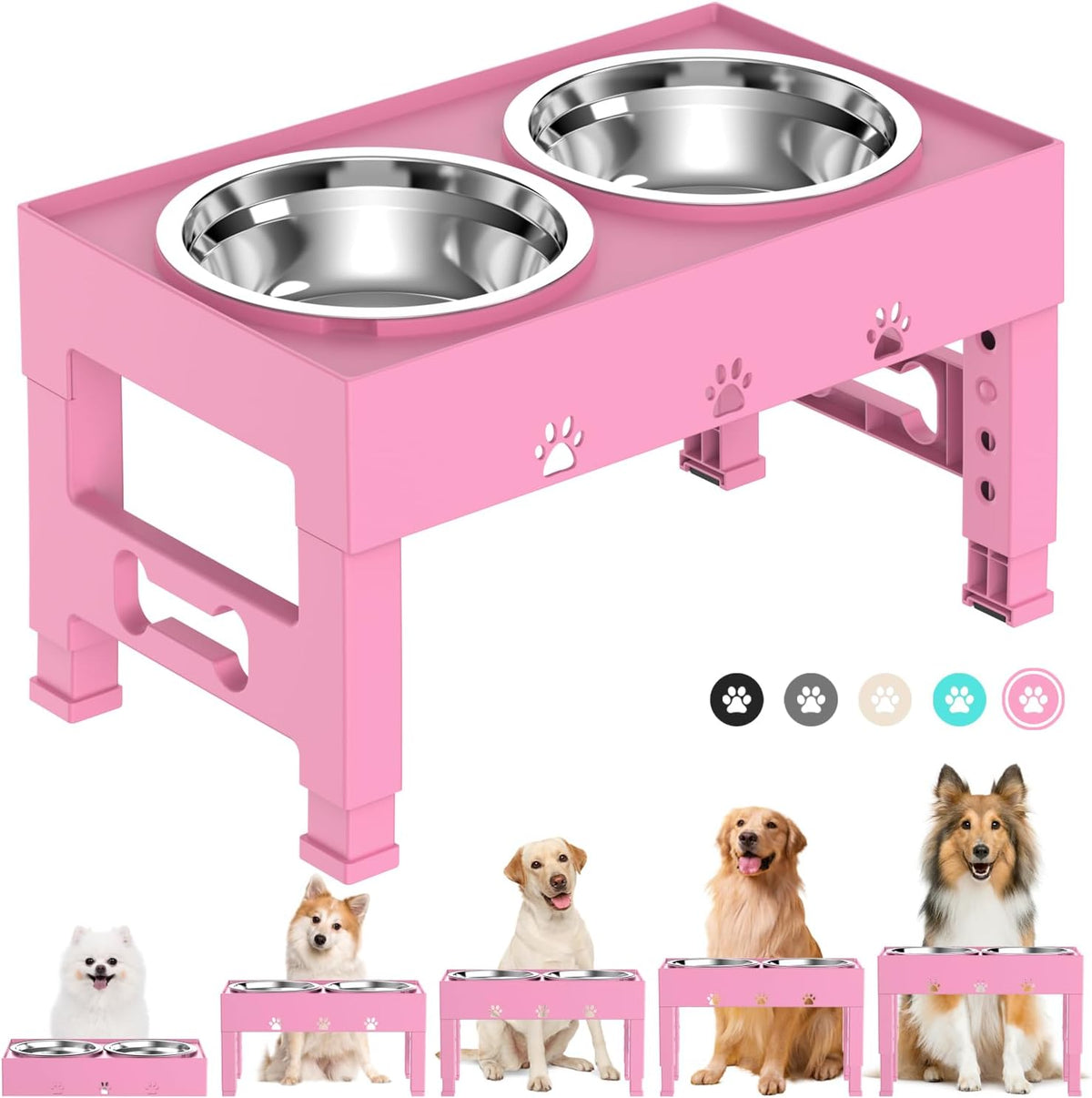 Elevated Dog Bowls with 2 Stainless Steel Bowls, Raised Dog Food Bowl Stand 5 Height Adjustable (3.1", 9", 10", 11", 12") Non-Slip Feeder Set for Medium and Large Dogs - Pink