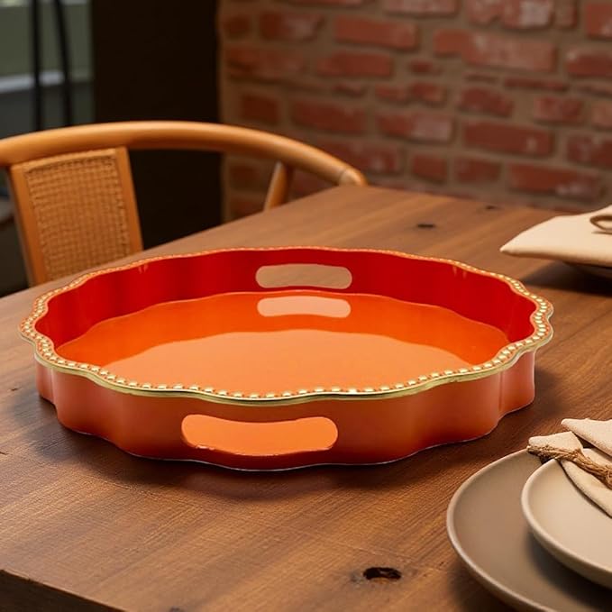 Orange Decorative Tray for Coffee Table, Wavy Scallop Beaded Plastic Serving Tray forKitchen Counter, Ottoman, Living Room, (13")