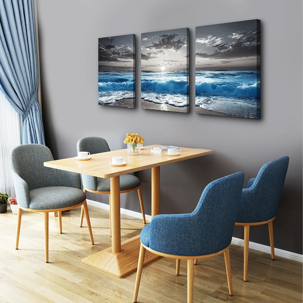 TTHYUEWS Black And White Beach Wall Pictures Wall Decor For Living Room Canvas Wall Art For Bedroom Office Decorations Blue Sea Wave Ocean Paintings Artworks Canvas Art Modern Home Decor 3 Pieces