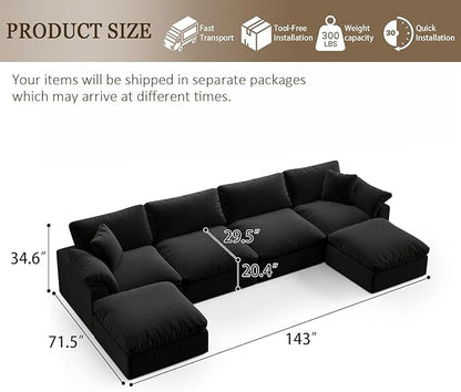 Forest aesthetics Modern Modular Sectional Sofa U-Shaped 6-Seat with Ottoman,Black-Extra Comfty Deep Seat Couch for Living Room,Apartment,Office & Small Spaces