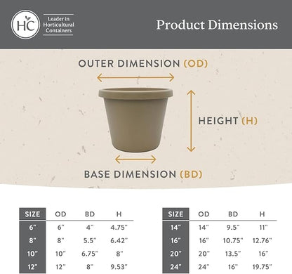 The HC Companies 10 Inch Prima Round Planter Pots with Drainage Holes and Rolled Rim, Lightweight UV-Resistant Plastic Indoor & Outdoor Planters, 2-Pack Flower Pots for Garden & Home Decor, Warm Gray