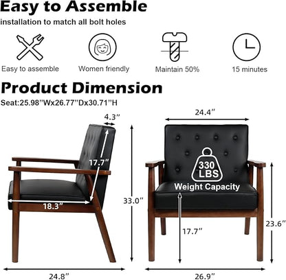 STHOUYN Mid Century Modern Chair, PU Leather Accent Chair Set of 2 with Wood Arms, Living Room Chairs, Reading Armchair for Bedroom, Waiting Room, Office (2, Black 1)