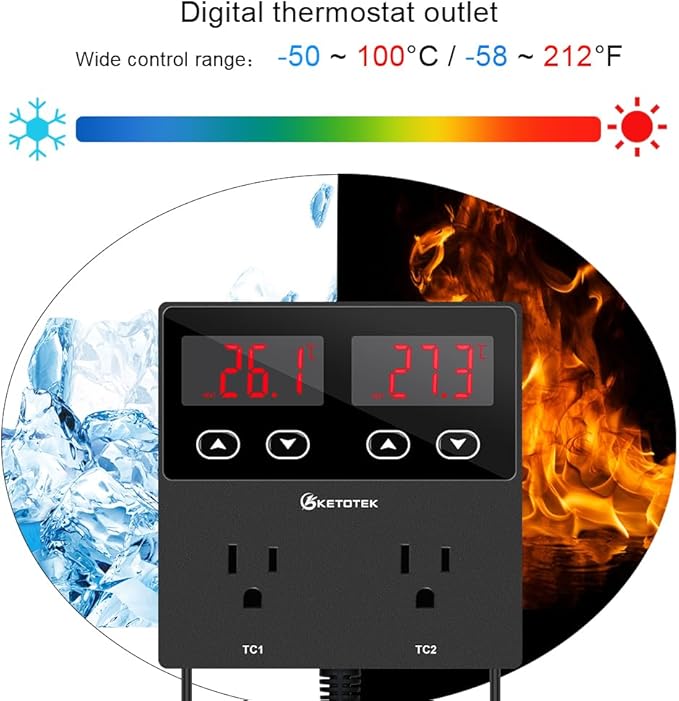 KETOTEK KT99pro Dual Digital Temperature Controller Outlet 10A Relay Heating
