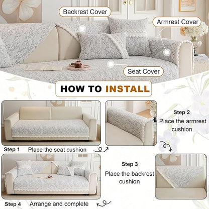 HANDONTIME Floral Chenille Couch Cover for Pets – Plush Fringed Edges, Washable & Non-Slip Sofa Protector, Pet-Friendly Dog Bed Cover for Couches and Sectionals (Light Grey,35.4" x 63")
