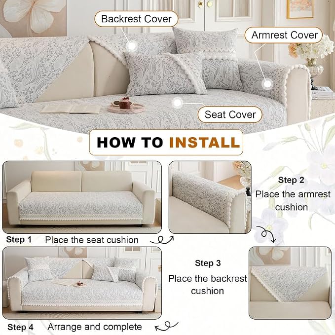 HANDONTIME Floral Chenille Couch Cover for Pets – Plush Fringed Edges, Washable & Non-Slip Sofa Protector, Pet-Friendly Dog Bed Cover for Couches and Sectionals (Light Grey,35.4" x 70.9")