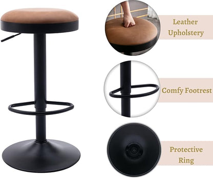 EALSON Modern Swivel Bar Stool Adjustable Counter Height Backless Barstools with Metal Base Leather Upholstered Round Bar Stool Chairs for Kitchen Island/Pub/Breakfast Bar, Brown 1PC