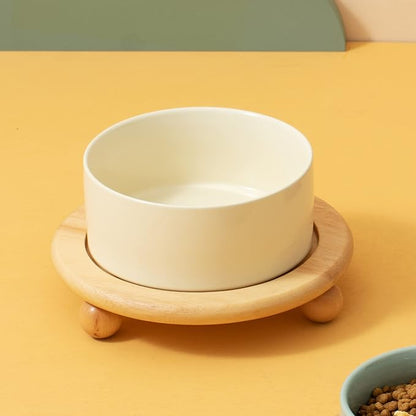 Ceramic Elevated Dog Food and Water Bowl, Kitty Bowl, Raised Dog Dish, Pet Feeder (6inch, 1 x Beige + Stand)