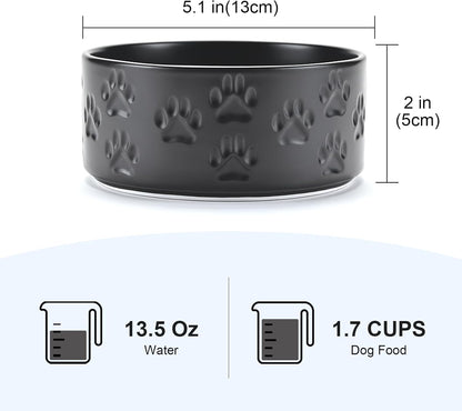 SPUNKYJUNKY Ceramic Dog and Cat Bowls 2 Pack, 5.1'' Dog and Cat Food Water Double Feeding Bowls Non-Slip for Cats and Puppy Small Sized Breed Dogs Microwave Dishwasher Safe - 13.5 OZ, 2pcs, Paw Black