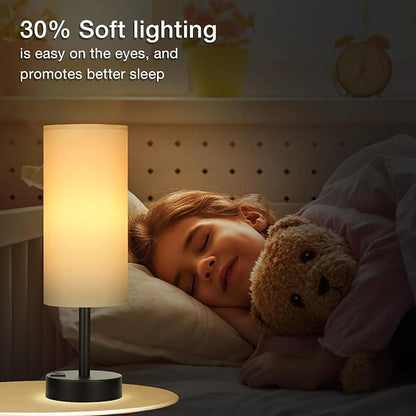 Bedside Touch Table Lamps for Bedroom Nightstand with USB-C USB-A Charging Ports White, 3 Way Dimmable Small Lamp Fabric Shade Black Base for Office, Living Room, Dorm Room Reading